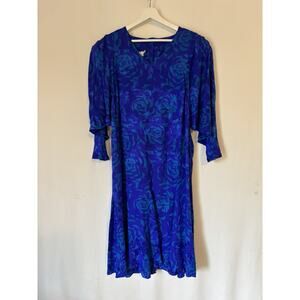 Vtg Norah Noh Dress 16 Silk Midi Blue Dolaman Sleeve Floral Long Sleeve